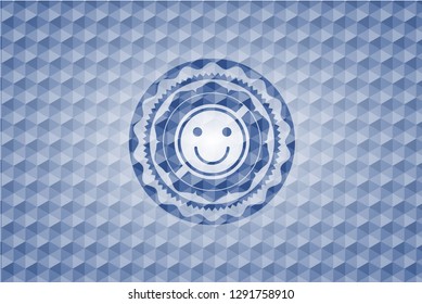 happy face icon inside blue badge with geometric pattern.