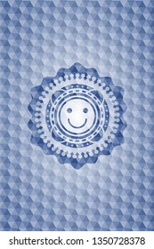 happy face icon inside blue hexagon badge.