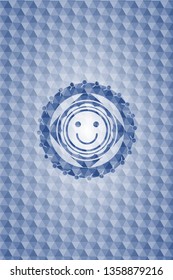 happy face icon inside blue badge with geometric pattern.