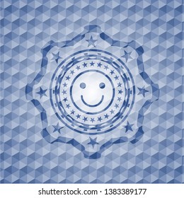 happy face icon inside blue emblem or badge with abstract geometric pattern background.