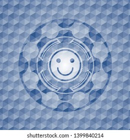 happy face icon inside blue badge with geometric pattern background.