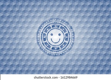 happy face icon inside blue emblem with geometric pattern background.