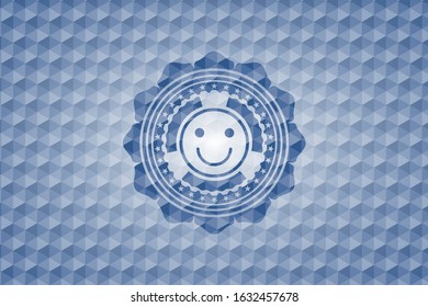 happy face icon inside blue polygonal emblem.