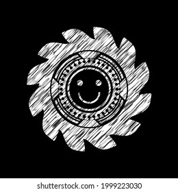 happy face icon inside chalkboard emblem on black board. 