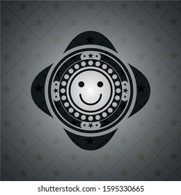 happy face icon inside dark badge or emblem