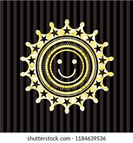 happy face icon inside gold emblem or badge