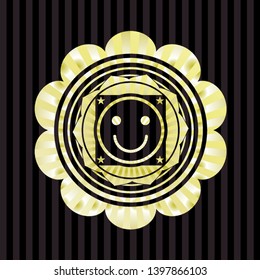 happy face icon inside gold shiny emblem