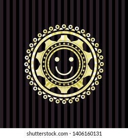 happy face icon inside gold badge or emblem