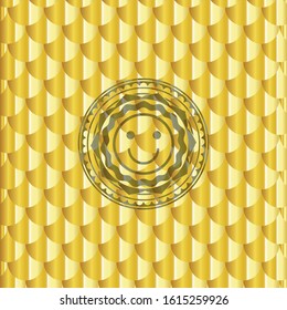 happy face icon inside gold shiny badge. Scales pattern. Vector Illustration. Detailed.