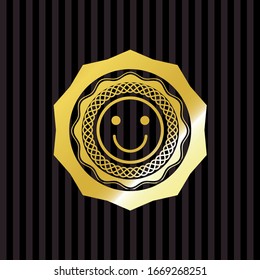 happy face icon inside gold emblem