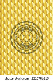 happy face icon inside gold shiny badge. Scales pattern. Vector Illustration. Detailed. 