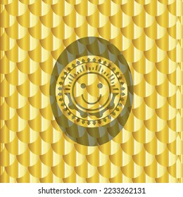 happy face icon inside gold shiny badge. Scales pattern. Vector Illustration. Detailed. 