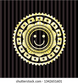 happy face icon inside golden badge