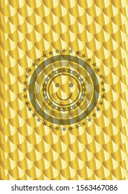 happy face icon inside golden emblem or badge. Scales pattern. Vector Illustration. Detailed.