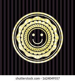 happy face icon inside golden badge or emblem