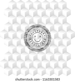 happy face icon inside grey badge with geometric cube white background