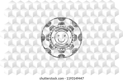 happy face icon inside grey emblem with cube white background