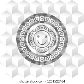 happy face icon inside grey badge with geometric cube white background