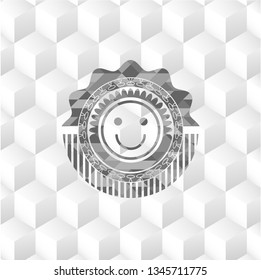 happy face icon inside grey emblem. Retro with geometric cube white background