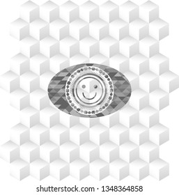 happy face icon inside grey emblem with cube white background