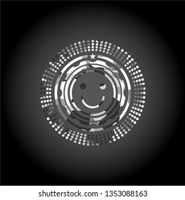 happy face icon inside grey camo emblem