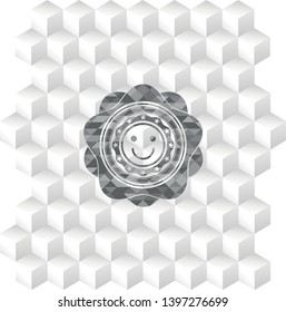 happy face icon inside grey badge with geometric cube white background