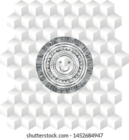 happy face icon inside grey badge with geometric cube white background