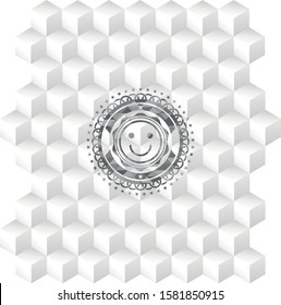 happy face icon inside grey badge with geometric cube white background
