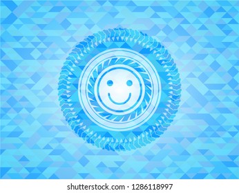 happy face icon inside light blue emblem with mosaic background