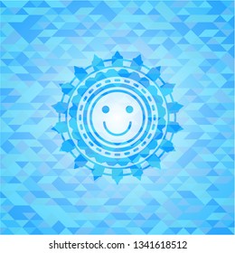 happy face icon inside light blue emblem with mosaic background