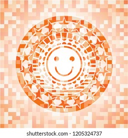happy face icon inside orange tile background illustration. Square geometric mosaic seamless pattern with emblem inside.