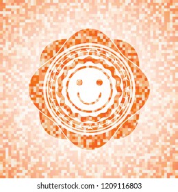 happy face icon inside orange mosaic emblem with background
