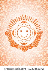 happy face icon inside orange tile background illustration. Square geometric mosaic seamless pattern with emblem inside.