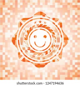 happy face icon inside orange tile background illustration. Square geometric mosaic seamless pattern with emblem inside.