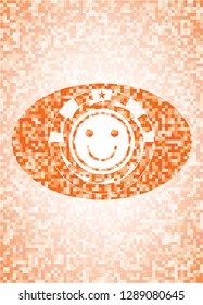 happy face icon inside orange mosaic emblem