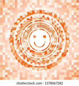 happy face icon inside orange tile background illustration. Square geometric mosaic seamless pattern with emblem inside.