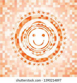 happy face icon inside orange tile background illustration. Square geometric mosaic seamless pattern with emblem inside.