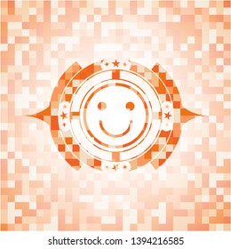happy face icon inside orange tile background illustration. Square geometric mosaic seamless pattern with emblem inside.