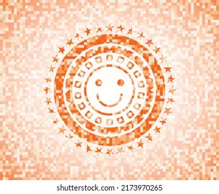 happy face icon inside orange tile background illustration. Square geometric mosaic seamless pattern with emblem inside. 