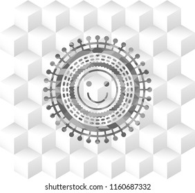 happy face icon inside realistic grey emblem with cube white background