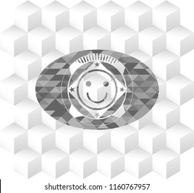 happy face icon inside realistic grey emblem with cube white background
