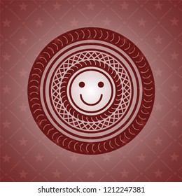 happy face icon inside realistic red emblem