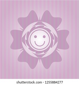 happy face icon inside realistic pink emblem