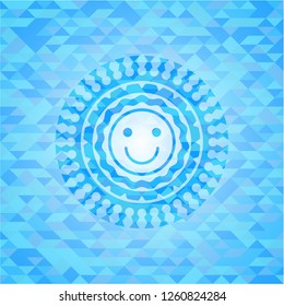happy face icon inside realistic light blue emblem. Mosaic background