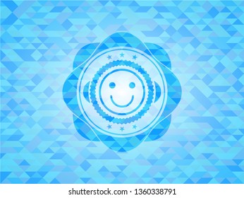 happy face icon inside realistic sky blue mosaic emblem