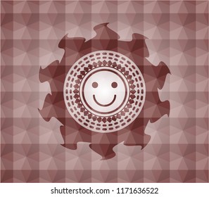 happy face icon inside red geometric emblem. Seamless.