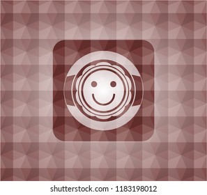 happy face icon inside red geometric emblem. Seamless.