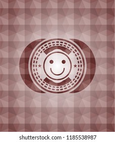 happy face icon inside red emblem with geometric pattern. Seamless.