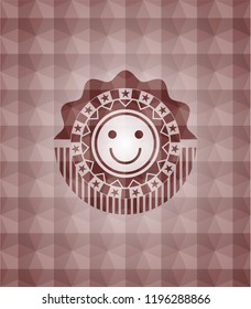 happy face icon inside red seamless geometric badge.