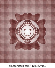 happy face icon inside red seamless badge with geometric pattern background.